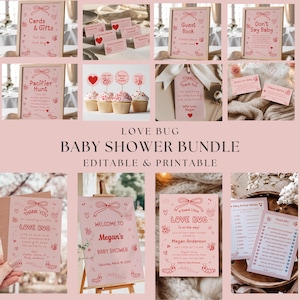 Love Bug Baby Shower Bundle, Editable Printable Invitation, Games, Decor Valentine Templates, Sweet Little Love Bug on the Way, 24LB