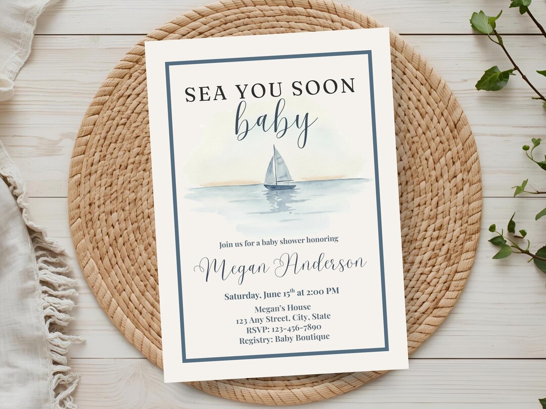 Sea You Soon Baby Shower Invitation, Coastal Sailboat Baby Sprinkle ...
