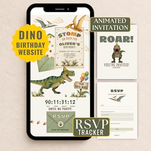 May include: A digital dinosaur-themed birthday invitation website displayed on a smartphone screen, featuring a T-Rex wearing a party hat, a countdown timer, and an interactive RSVP envelope icon with a footprint seal.