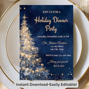 May include: A holiday dinner party invitation with a navy blue background and gold accents. The invitation features a Christmas tree design with twinkling lights and stars. Text includes "Holiday Dinner Party" and event details.