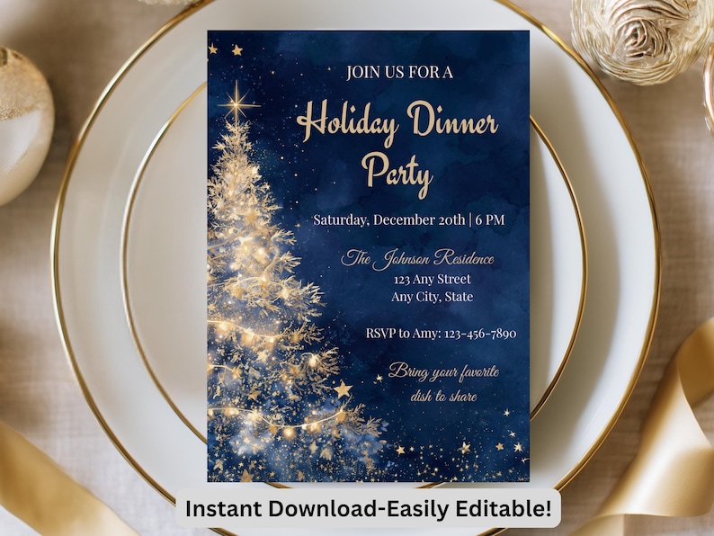May include: A holiday dinner party invitation with a navy blue background and gold accents. The invitation features a Christmas tree design with twinkling lights and stars. Text includes "Holiday Dinner Party" and event details.
