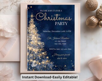 Christmas Party Invitation Template, Moody Nighttime Tree Invite, Gold and Navy Holiday Editable Canva Printable