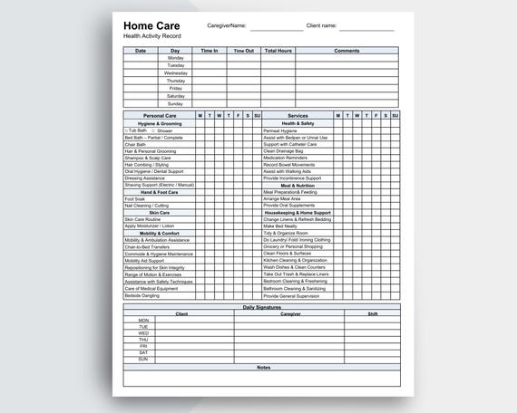 Caregiver Daily Log – Home Health Activity Checklist (Printable PDF, Google Docs, Word A4)
