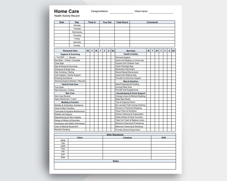 Caregiver Daily Log – Home Health Activity Checklist (Printable PDF, Google Docs, Word A4) image 1