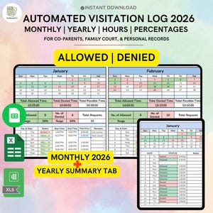 May include: Digital spreadsheet template for automated visitation logs for co-parents, family court, and personal records. Includes monthly and yearly summaries, with hours and percentages. Features "Allowed | Denied" sections and an XLS file.