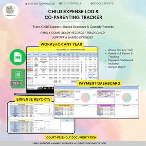 Op de afbeelding: Een digitaal sjabloon voor een onkostenlogboek voor kinderen en co-ouderschapstracker voor Google Sheets. De lay-out bevat een gedetailleerd onkostenoverzicht, een betalingsdashboard met cirkeldiagrammen en rapporten voor kinderalimentatie.