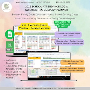 May include: A digital coparenting custody planner for 2026, displayed on two laptops. The planner includes attendance logs, automatic calculations, and court-ready documentation. Features include a detailed version and an easy version. The planner is designed for family court documentation.