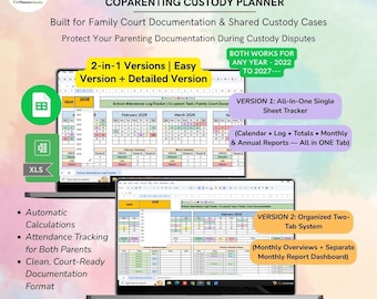 School Attendance Log & Custody Calendar Google Sheets | Divorce Spreadsheet | Parent Communication |
