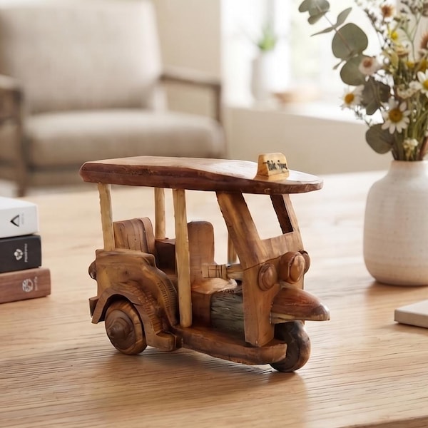 Handmade Wooden Tuk Tuk Taxi: Thai Souvenir Gift (4")