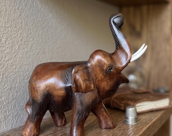 Wood Elephant Statues for Home Hand Carved Wood Figurines 8.5"