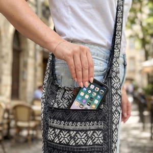 Hippie Crossbody Fabric Bag with Front Pocket - Aztec Purse with Zipper,  Medium Size