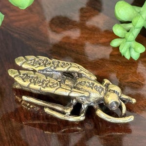 Miniature Wasp Figurine Lucky Amulet Brass Insect with Secret Etched Inscription
