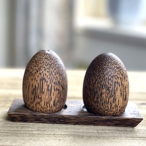 Wood Salt and Pepper Shakers Set with Tray Holder Handmade Egg Shaped