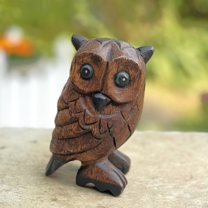 Carved Wood Owl Figurine Small Statue Art Sculpture Home Decor 5"