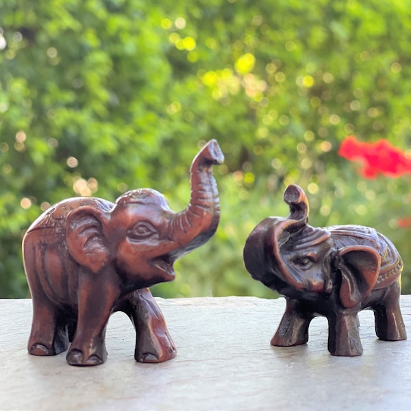 Baby Elephant Statue Set of 2 Trunk Up Decorative Small Lucky Resin Figurine 2.25"