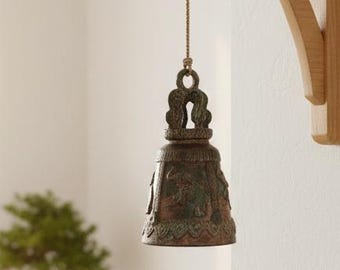 Antique Bronze Temple Bell Hanging Thai Buddhist Lucky Elephant Trunk Up Home Decor 5"