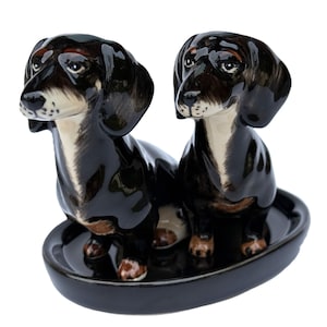Hand-Painted Ceramic Dachshund Salt and Pepper Shaker Set with Holder