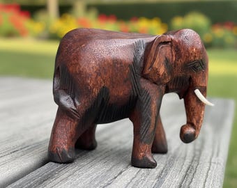 Wood Carved Elephant Figurines Lucky Statue Home Decor 5"