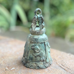 Antique Bronze Temple Bell Hanging Thai Buddhist Lucky Elephant Trunk Up Home Decor 5&quot;
