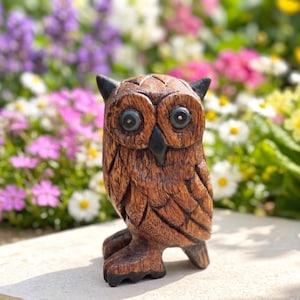 Carved Wood Owl Figurine Small Statue Art Sculpture Home Decor 5"