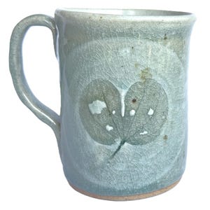 Handthrown Stoneware Mug - Artisan Earthenware Coffee Cup 12 oz. (Cylindrical Mug 4&quot; - Eucalyptus Leaf)