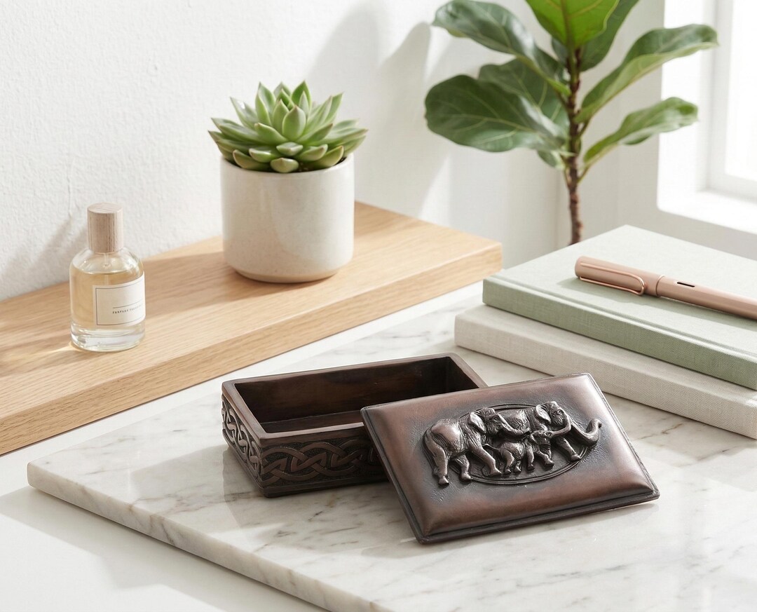 Elephant Trinket Box With Lid - Resin Rectangle Keepsake Gift 6