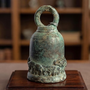 Antique Bronze Temple Bell: Lucky Elephant, Thai Buddhist Decor