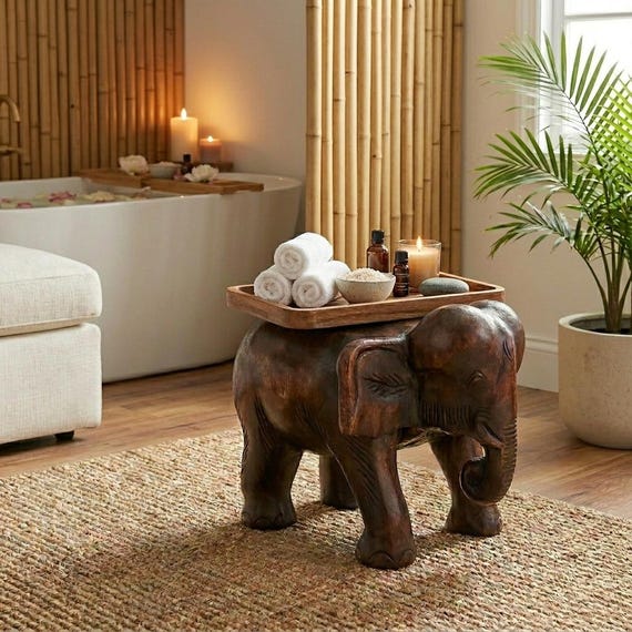 Wooden Elephant Stool Hand Carved Statue Plant Stand Decor 10