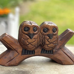 Wood Owl Sculpture Hand Caved Wooden Statue Couple Gifts 9.5&quot;