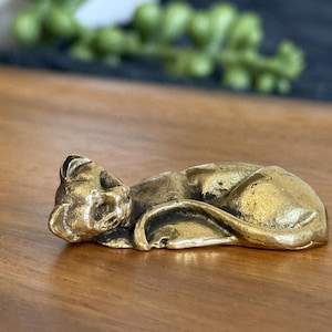 Miniature Brass Sleeping Cat Figurine Tiny Animal Lucky Amulet