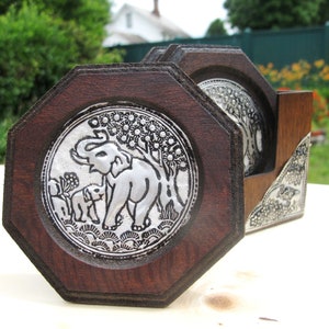 Wood Coaster Set of 6 with Holder Octagon Shape Elephant Embellish