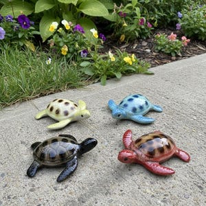 Set of 4 Ceramic Floating Sea Turtles | 4-inch Pond Garden Decor Statues