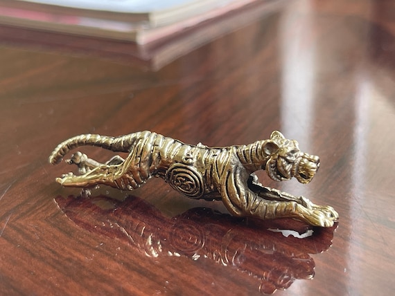 Mini Tiger Figurine with Inscription Thai Amulet for Protection Brass Miniature Talisman