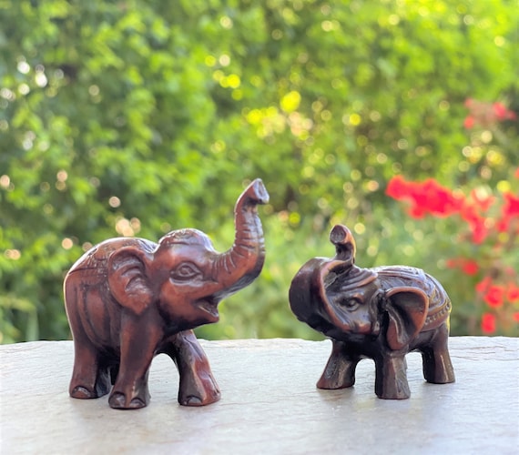 Baby Elephant Figurine Feng Shui Statue Lucky Trunk Up Resin 2.25" Set of 2 