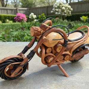 Wood Motorcycle Figurine Handmade Wooden Chopper Model Harley Decorative 9.5"
