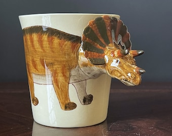 Triceratops Dinosaur Coffee Mug Porcelain Handpainted 3D Animal Shaped Hot Drink Cup 10 Oz.
