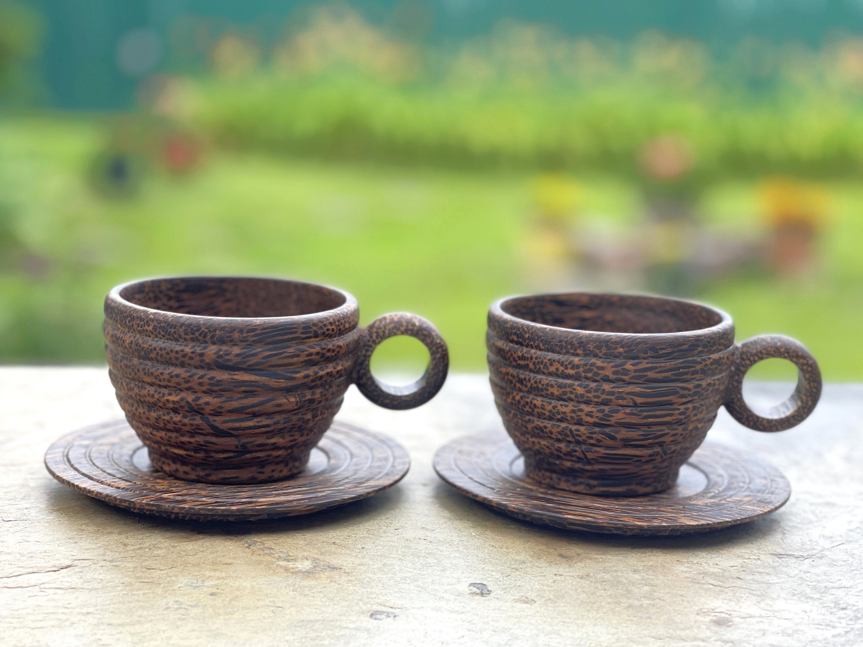 Natural Solid Wooden Tea Cup Set, Elegant Japanese Jujube-Wood Coffee Mug  Handcrafted Small Desk Cup With Handle (2 Pcs)