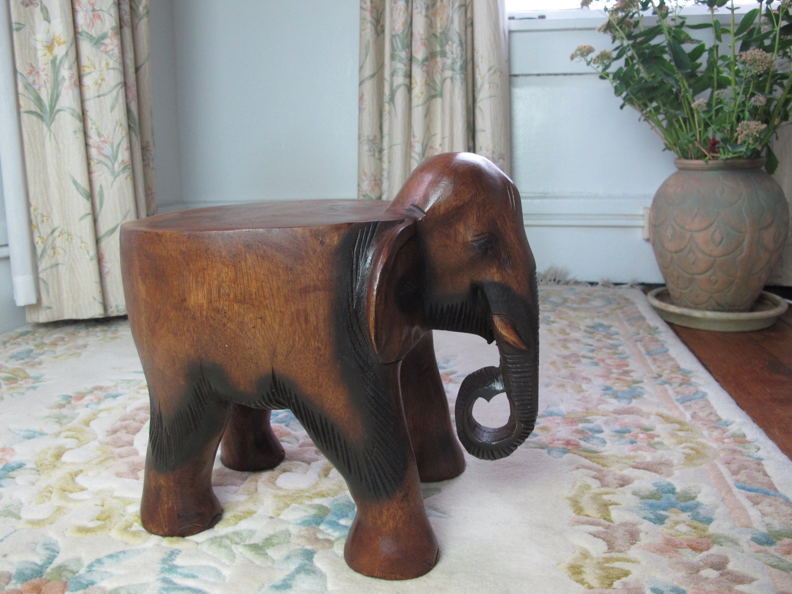 Wooden Elephant Stool Hand Carved Statue Plant Stand Side Etsy