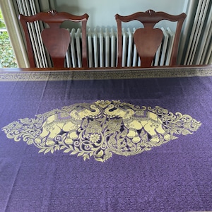 Floral Elephant Tablecloth: Thai Gold Brocade Fabric, Boho Fringe (80&quot; x 40&quot;)