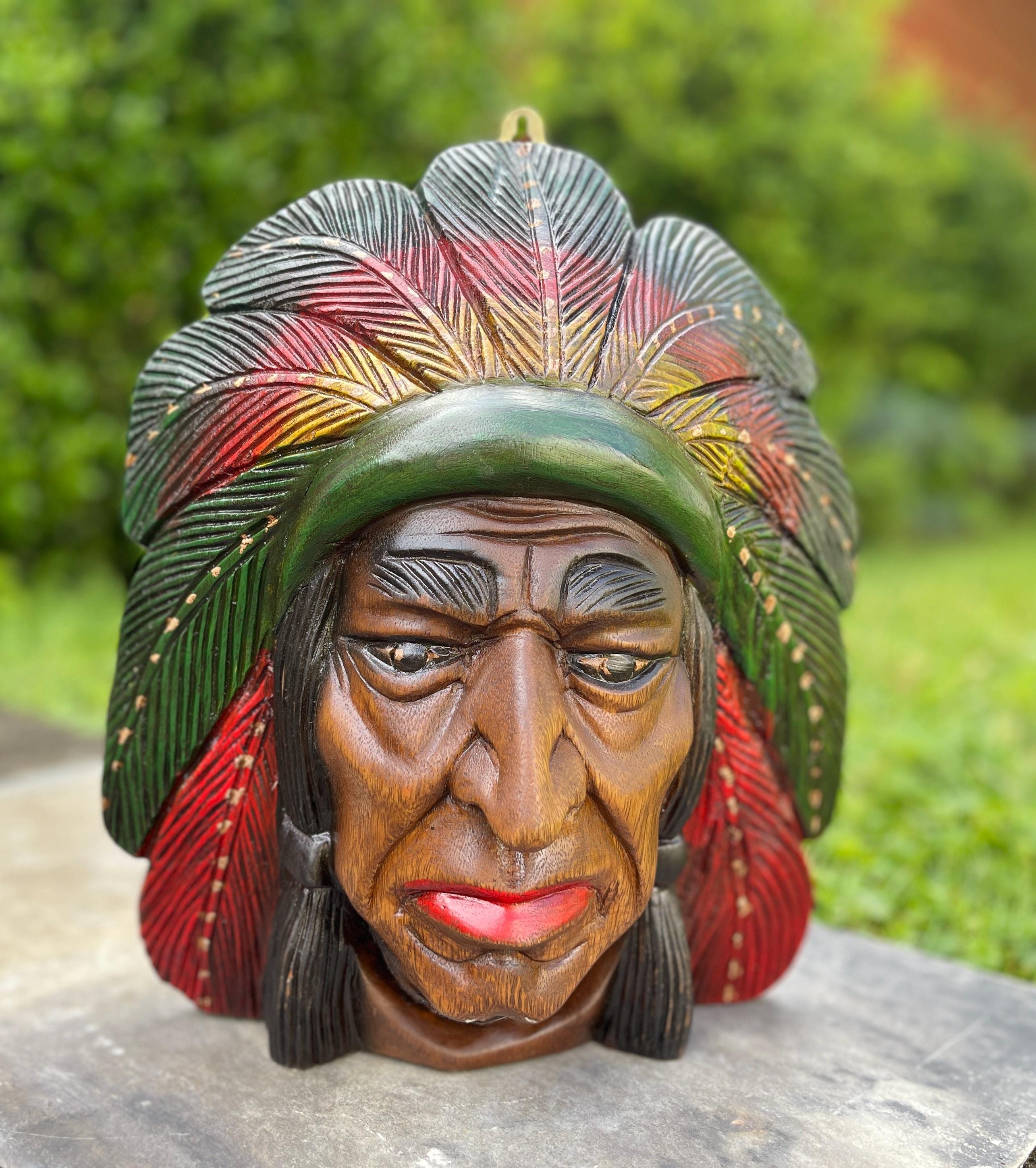 Hand-carved Native American Chief Wood Wall Art - Wooden Indian