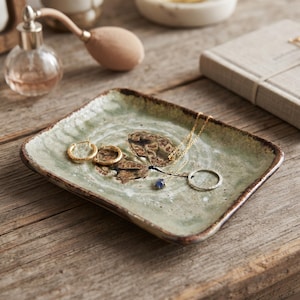 May include: A rectangular ceramic trinket dish with a light green glazed finish and a dark brown botanical leaf print in the center. The dish has a slightly uneven, textured rim and holds two gold hoop earrings, a gold chain necklace, and a ring.