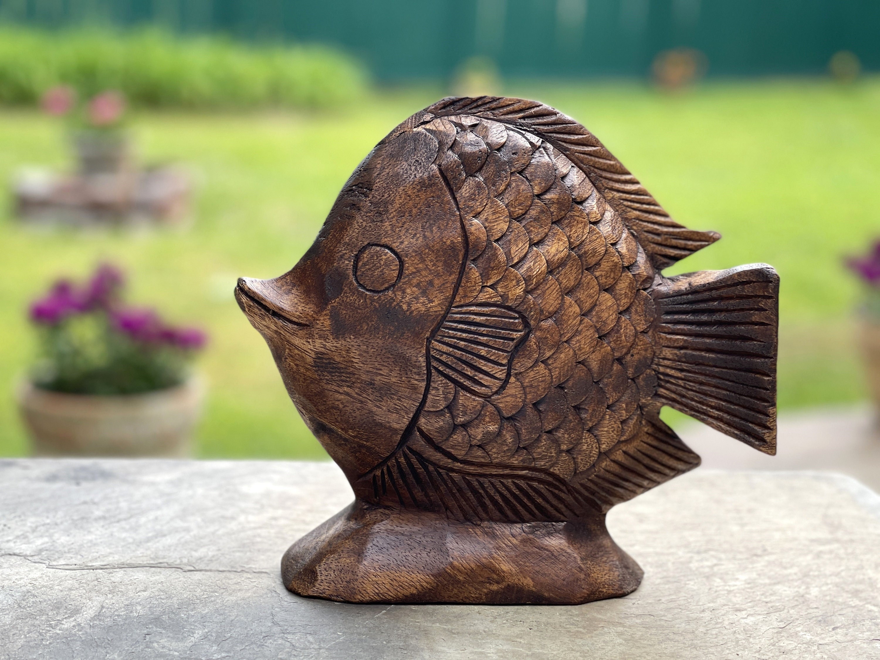 Large Wooden Fish Carved Wood Figurine Statue Sculpture Home Decor