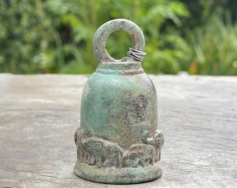 Small Antique Bronze Temple Bell Hanging Thai Buddhist Lucky Elephant Trunk Up Home Decor 3"