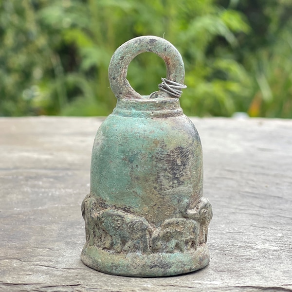 Small Antique Bronze Temple Bell Hanging Thai Buddhist Lucky Elephant Trunk Up Home Decor 3"