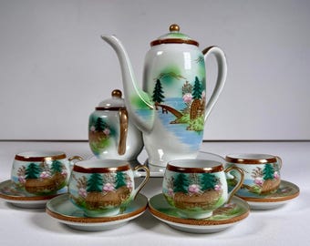 Kutani China Tea Set Japan Lithophane Geisha Cups Vintage Hand Painted Teapot Sugar Creamer Set Japanese Porcelain Tea Set