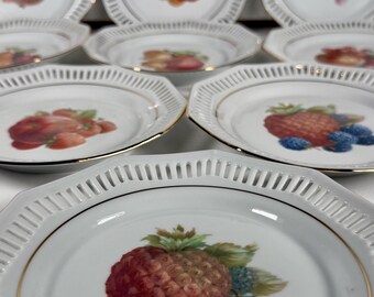 Schwarzenhammer Bavaria Fruit Plates Set of 9 Vintage Western Germany Porcelain Dessert Salad Plates Gold Trim 1970s