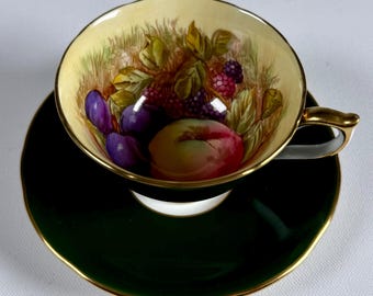 Aynsley England Green Tea Cup and Saucer Signed D Jones Hand Painted Fruit Interior Vintage Bone China