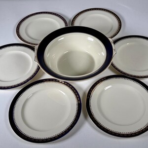FIND Vintage English Blue Gold Serving Set Alfred Meakin Bleu de Roi Plates Myott Coronation Bowl Queen Elizabeth II 1953