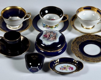 Antique European Porcelain Cobalt Blue Gold Collection Tea Cups Plate Vase Dish Jewelry Box England France Germany