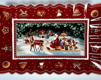 Villeroy & Boch Christmas Serving Platter Santa Sleigh Red Rectangular Holiday Porcelain 1990s